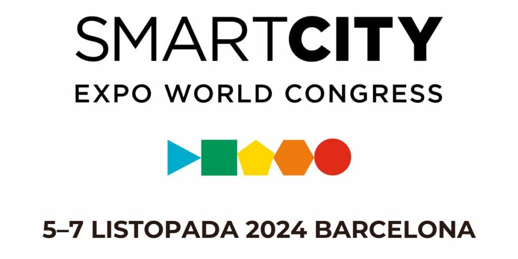 At the top on a white tel the inscription: SMART CITY EXPO WORD CONGRESS, In the middle in one row geometrical figures: blue triangle, green square, yellow pentagon, orange hexagon, red circle. Below, at the bottom, the inscription: 5-7 NOVEMBER 2024 BARCELONA.