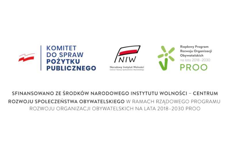 Rectangular graphic with text and logos. The text is centred, occupies three lines and reads: Funded by the National Liberty Institute - Centre for Civil Society Development within the framework of the 2018-2030 PROO Civic Organisation Development Programme. Above the text are the logos: - Committee for Public Benefit, -National Freedom Institute - NIW, -Programme for the Development of Civil Organisations - PROO.