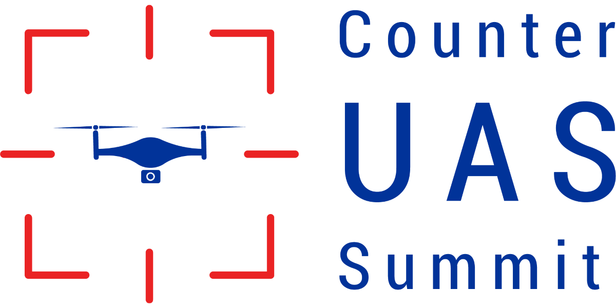 Counter UAS Summit logo. On the left, a drone in blue, surrounded by red lines resembling a gun sight. Next to the text in blue: ‘Counter UAS Summit’, arranged in three lines. White background.