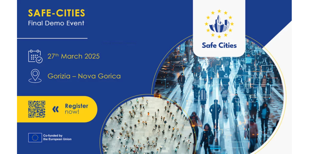 SAFE-CITIES Final Demo Event banner. Blue background. To the left from the top: 1. wording SAFE-CITIES in yellow capital letters, 2. below that the words Final Demo Event in white, 3. below that a simple calendar graphic in white and the date 27 March 2025 in yellow, 4. below a simple graphic denoting the location in white and next to it the inscription Gorizia - Nova Gorica in yellow, 5. below a yellow shape resembling a rectangle with mpowerfully rounded corners on the right side, in the shape there is a blue QR sign, French left inverted commas, on its right side a blue inscription: ‘Register’ at the top, below it “now!”. 6. at the very bottom, the European Union flag and to its right, white writing in two lines: Co-financed by the European Union. Clockwise from top: 1. Safe Cities logo: white rectangular shape, longer sides pointing downwards and moderately rounded. overlapping the circle below. On it a graphic in the centre depicting stylised skyscrapers surrounded by a circle of twelve yellow stars resembling the stars from the flag of the European Union. Below the graphic is the blue inscription ‘Safe Cities’. 2 A circle with a photograph of a crowded street with people walking in different directions. The image is digitally processed, with superimposed rectangular frames and lines, which may suggest the use of facial recognition or motion analysis technology. (3) A smaller circle, closer to the centre, with an invisible bottom edge, overlapping the previous circle, with a photograph of a group of standing people, bird's-eye view.